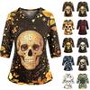 Women's Casual Halloween Print Uniform Top with V-Neck, Pockets and Side Slit, Three-Quarter Sleeve
