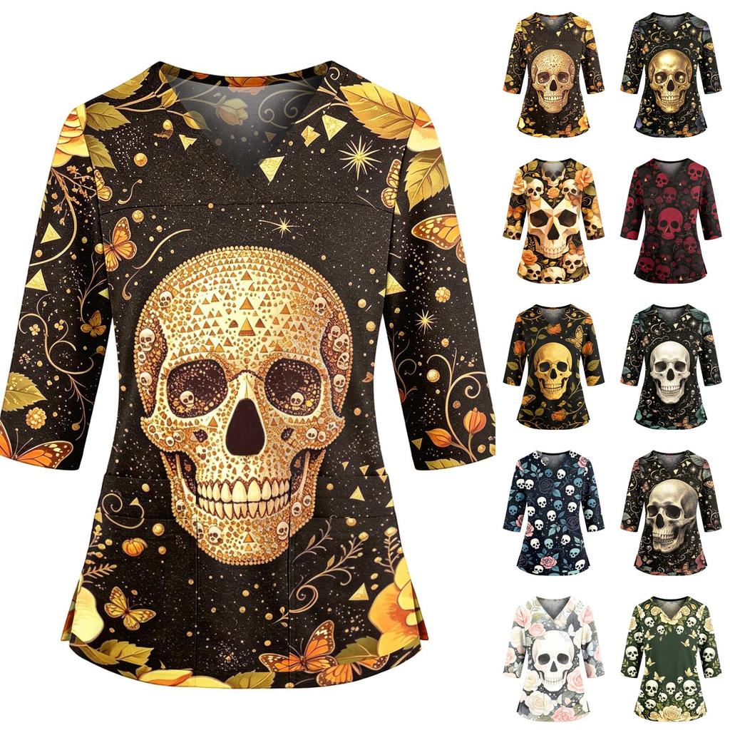 Women's Casual Halloween Print Uniform Top with V-Neck, Pockets and Side Slit, Three-Quarter Sleeve