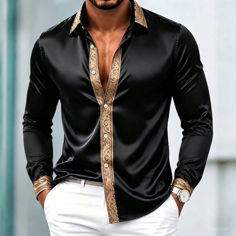 Cămașă formală pentru bărbați, din satin neted, stil luxos, cu mâneci lungi, guler rever, plachetă cu model baroc auriu și manșete bordurate cu