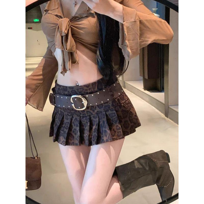 Kumikumi American Style Gyaru Style Retro Leopard Print High Waist Skirt Women Autumn Slim Fit Slimming Pleated Skirt Short Dress