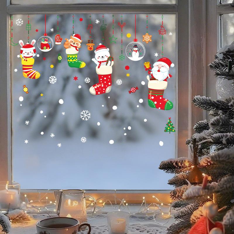 Christmas Socks, Holiday Decorations, Electrostatic Glass Doors, Shop and Restaurant Entrance Decorations, Snowman Window Stickers