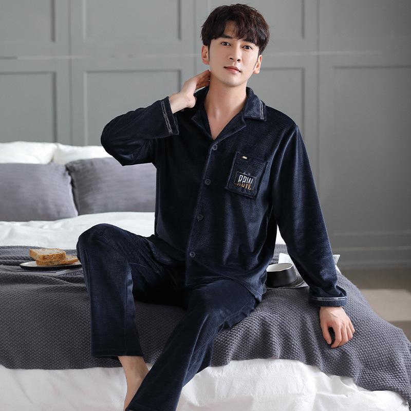 Island Fleece Pajamas Men'S Autumn And Winter Fleece Thickened Coral Fleece Thermal Loungewear Can Be Worn Outside The Suit