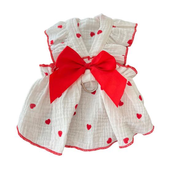 Pet Dress Love Heart Print Sleeveless Ruffle Bowknot Decor Breathable Spring Summer