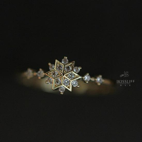 Exquisite Japanese Snowflake Women's Ring: 14K Gold-Plated S925 Silver, Platinum Commuting Style
