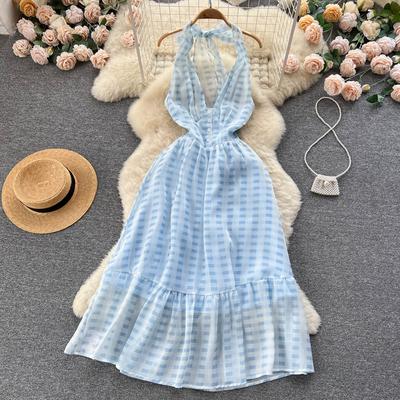 Chiffon-Strandurlaubskleid mit V-Ausschnitt für Damen, Sommermode, französisches Sexy, rückenfrei, Promi-Plaid, ärmellos, lässig, schick, Boho-Kleider