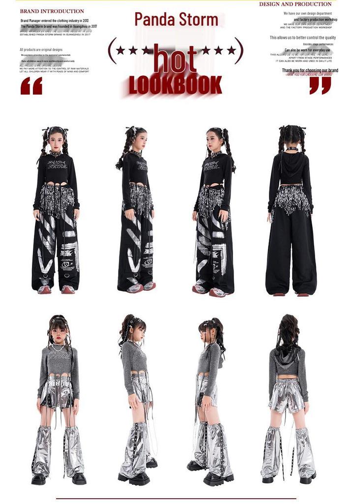 Girls' Sparkly Jazz Dance Long-Sleeve Outfit: Fashionable Street Dance T-shirt & Pants Set