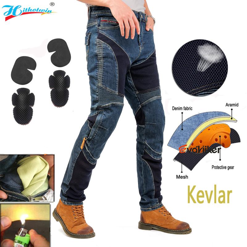 Men Kevlar Motorcycle Jeans Cooling Summer Riding Pants with CE Knee Armor Protective Blue Black
