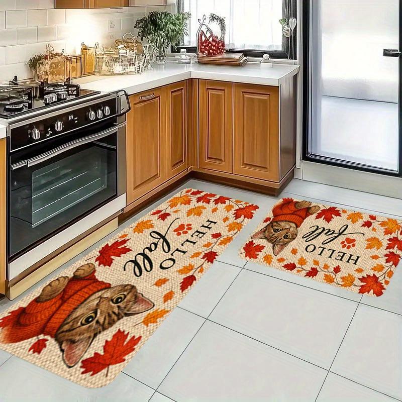 Autumn Thanksgiving Cat Kitchen Mats Home Decor Fall Maple Leaves Non-slip Door Mat Living Room Balcony Hallway Rug Autumn Decor