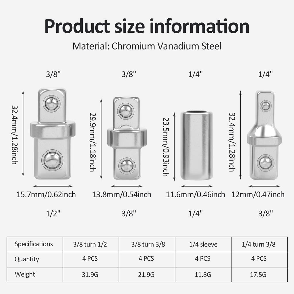 16ks Sada redukcí a adaptérů na nástrčné klíče s dvojitou čtvercovou hlavou 1/4 3/8 1/2 Rázový pohon Ráčna Adaptér na nástrčné klíče Opravný nástroj