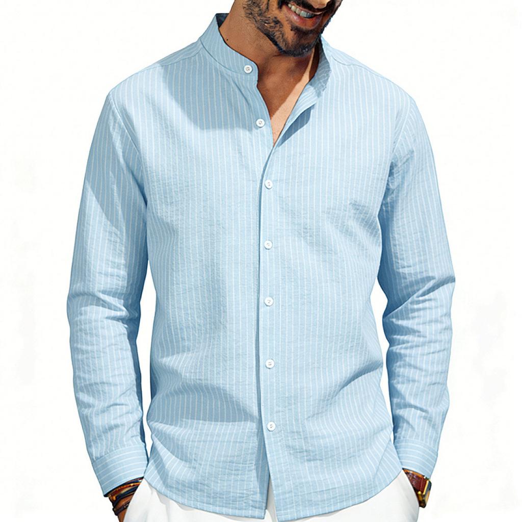 Men Casual Business Loose Stand Collar Long Sleeve Vertical Stripe Shirt