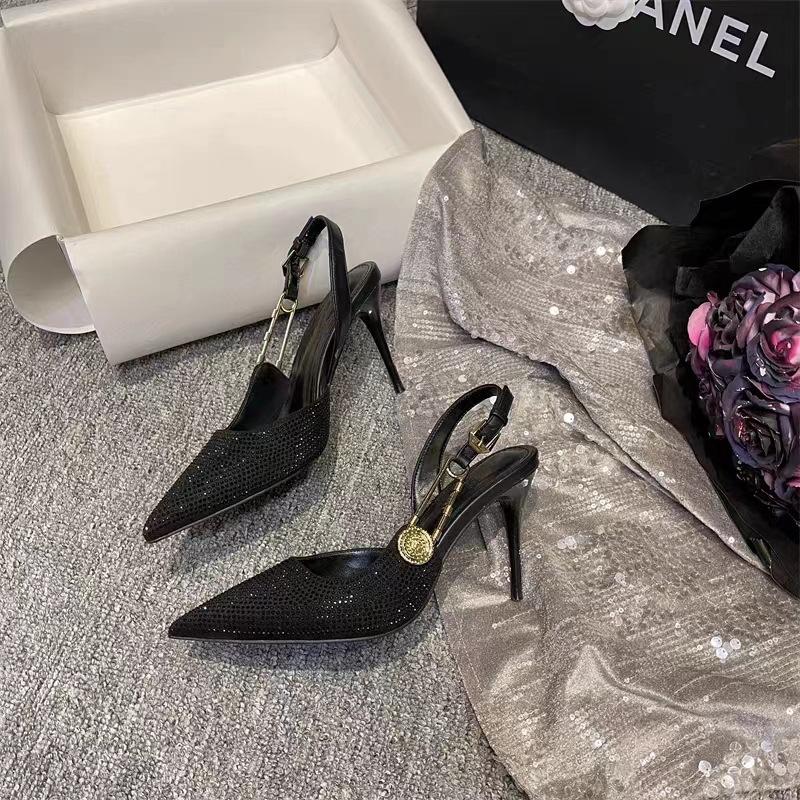 

Black high heels women s summer 2024 new sexy rhinestone pointed one-word buckle bag head shallow mouth sandals women 40