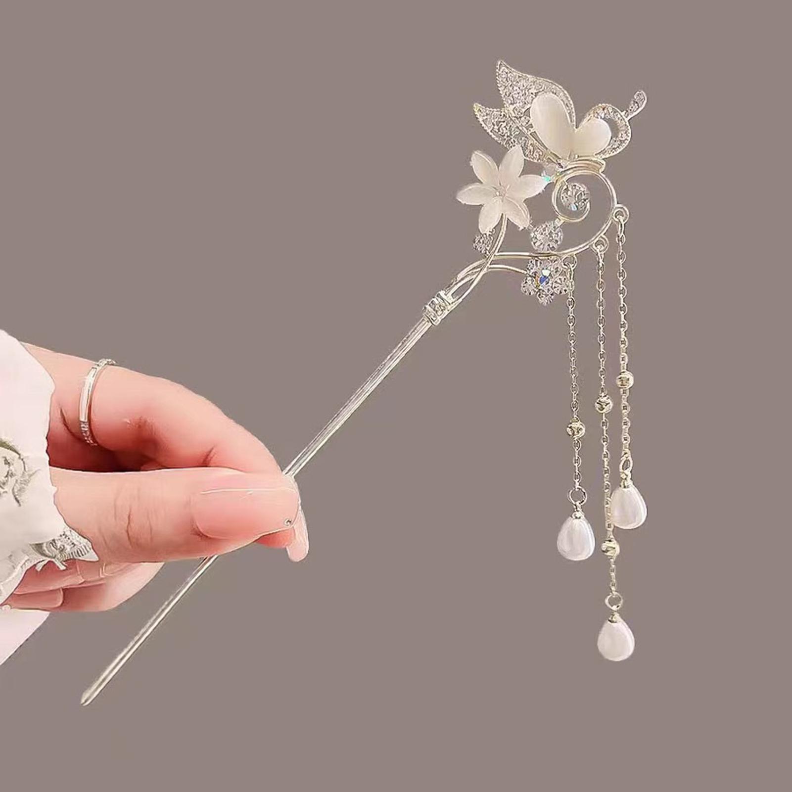 

Vintage Tassel Hairpin Chinese Style Butterfly Flower Cat Eye Hairpin Elegant Retro Women s Hair Stick Jewelry Hair Accessories білий