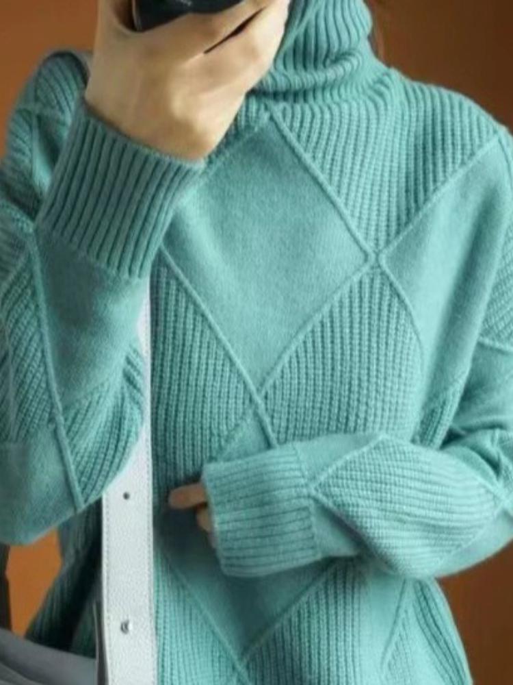 New In Autumn Winter Women Turtleneck Sweaters Full Sleeve Pullovers Spliced Thick Sweater Lozenge Elegant Lady Solid Outwear