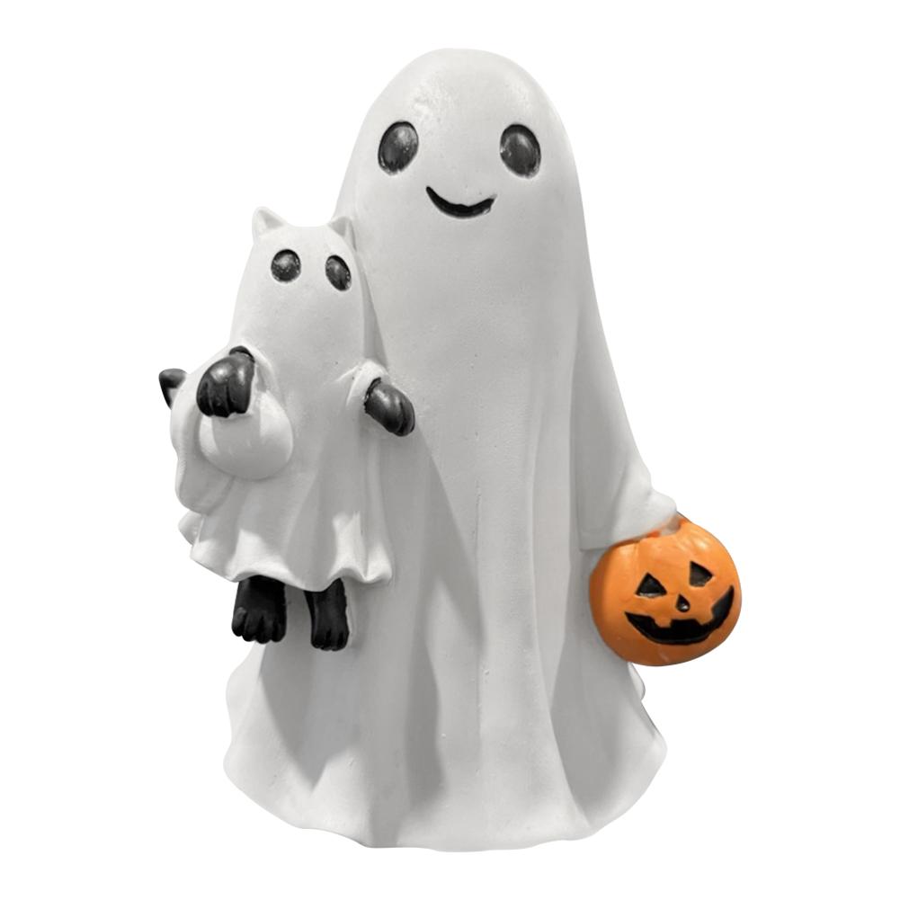 Halloween Ghost Tabletop Sculpture with Pumpkin Spooky Ghost Resin Figurine Hugging Cat for Friends Desktop Ornament