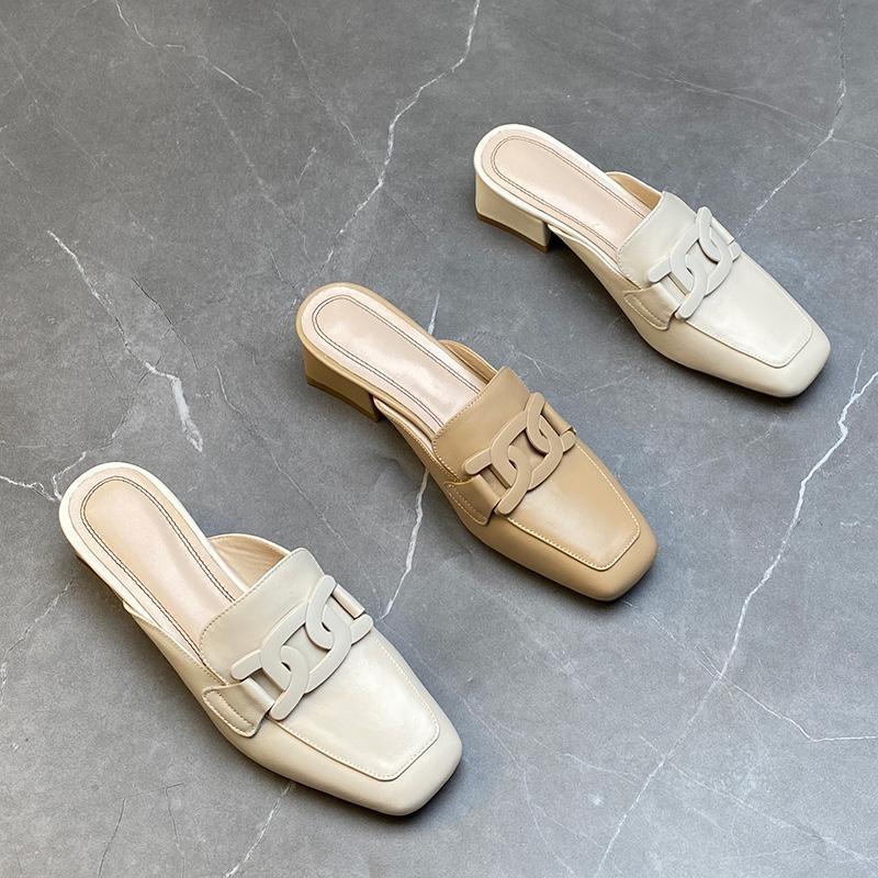 Baotou Half Slippers Muller Shoes Women's Fashion Outer Wear Lazy Middle Heel Thick Heel Women's Cool Slippers 2025 New Summer