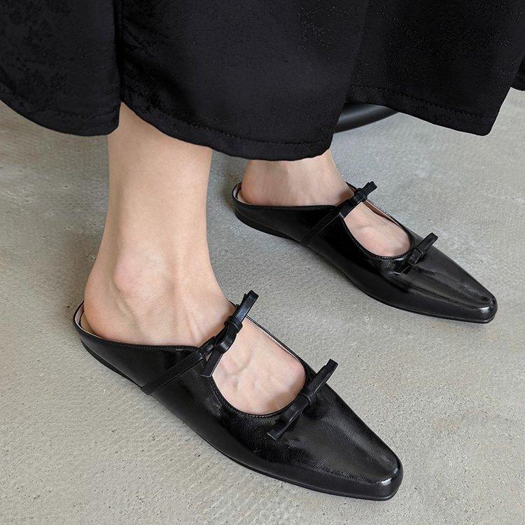 Fashion Cover Toe Mules For Women 2025 Ladies' Slippers Low Butterfly-Knot Pointed Summer Slides PU Butterfly-knot Synthetic Rubber Fabr