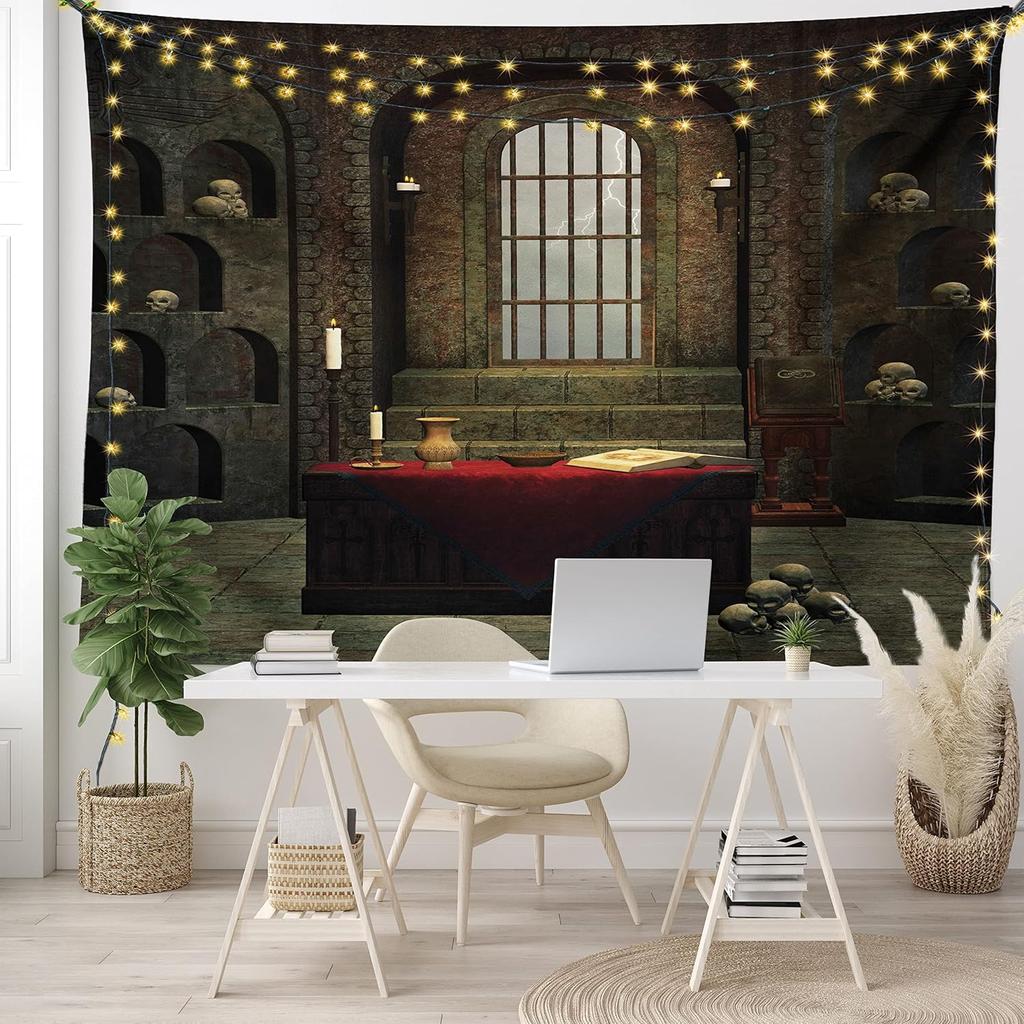 Fall Tapestry, Vibrant Misty Day in Forest Sun Rays Trees Foliage Fallen Leaves Calm View, Wide Wall Hanging for Bedroom Living