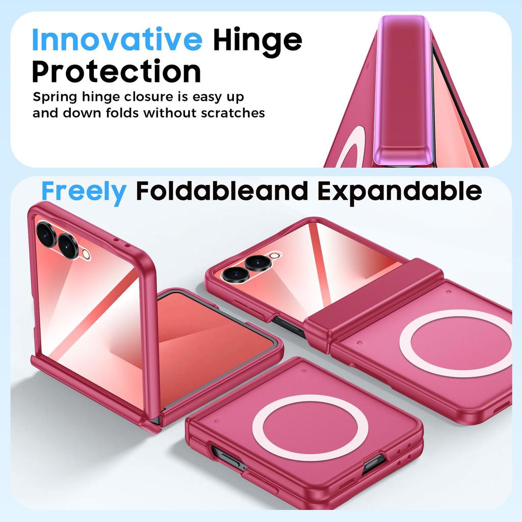 Magnetic Matte Protective Case with Tempered Glass Screen Protector and Hinge Protection for Samsung Galaxy Z Flip 7-Red