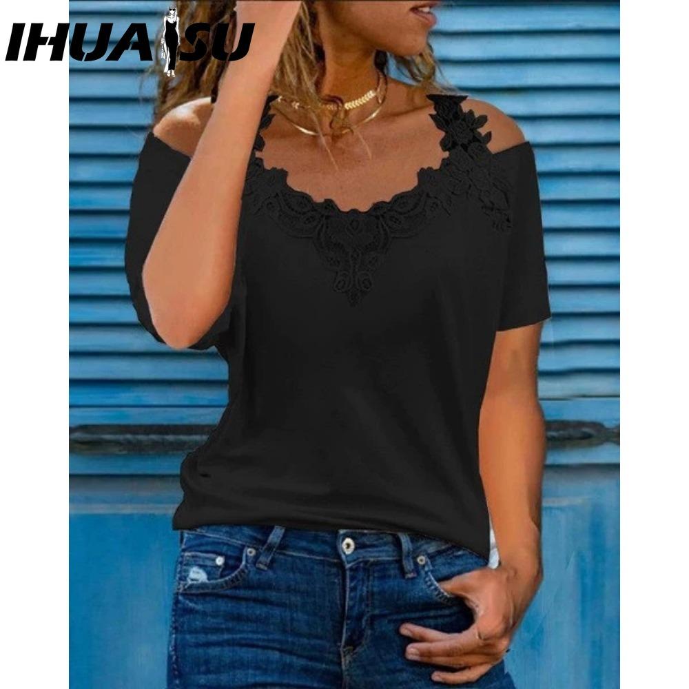 IHUASU Blusas y camisas de manga corta con cuello en V y estampado de color sólido informal a la moda para mujer