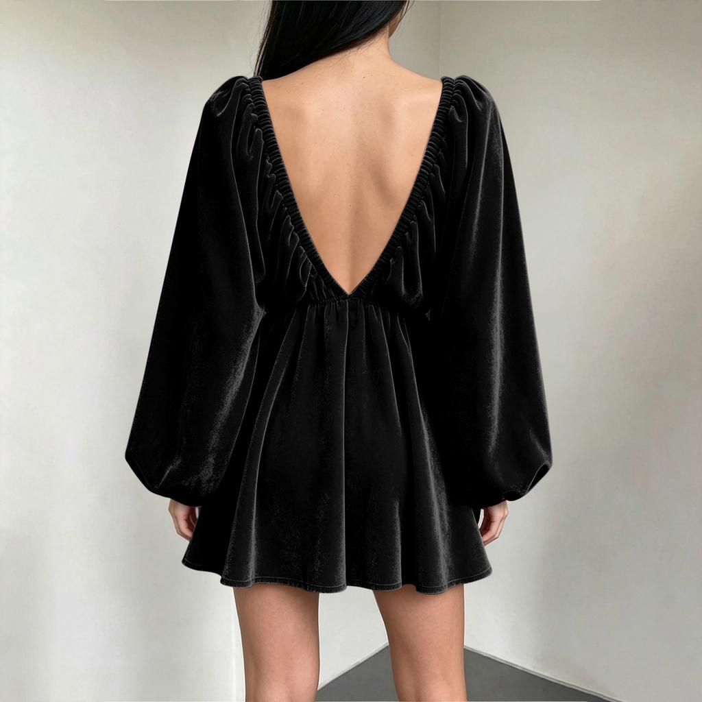 Women's V-Neck Long Sleeve Sleeve Loose Fit Dress Color