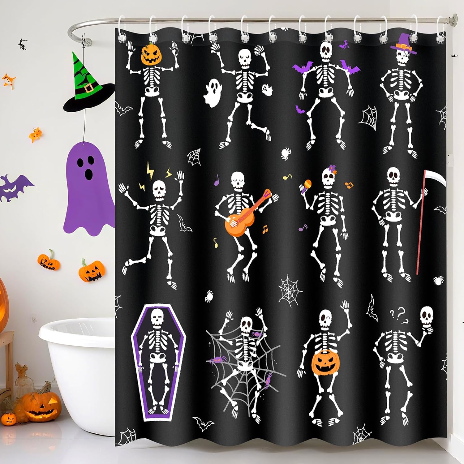 

Halloween Shower Curtain - Funny Shower Curtain With Black Skul Skeleton, Machine Washable Waterproof Fabric For Bathroom Deco W60H190(CM)-1 Pcs