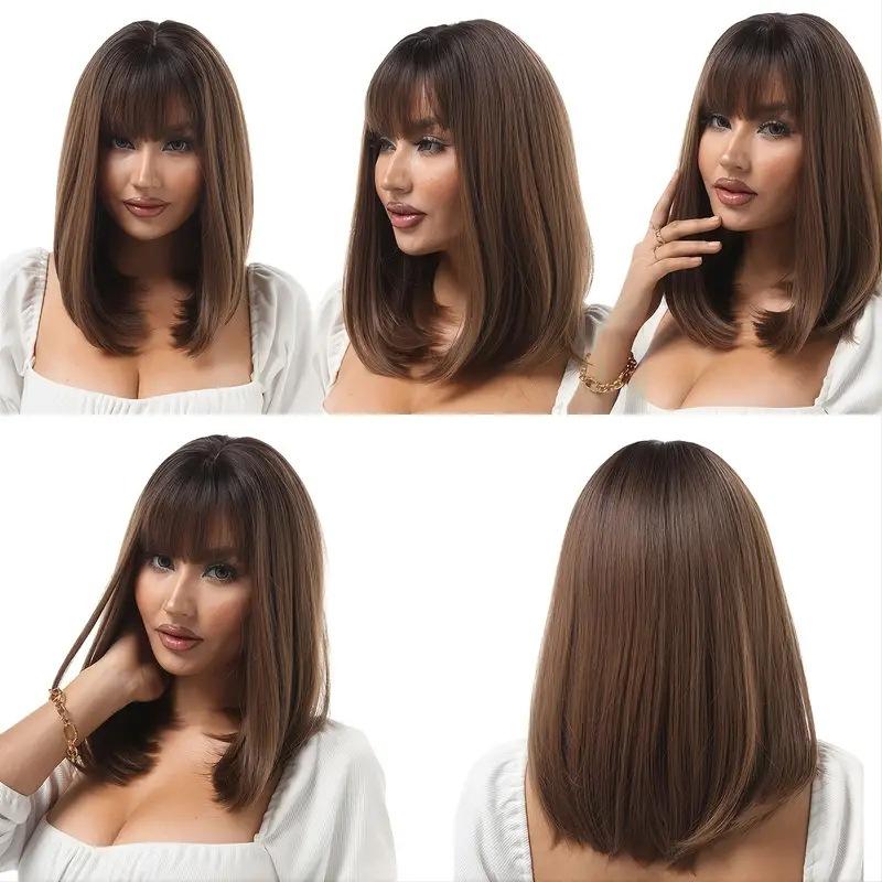 Women Straight Brown Mixed Blonde Wig With Bangs Synthetic Middle Part Natural Daily Cosplay Heat Resistant Wig