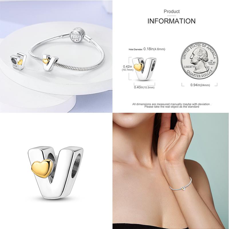 Neuer 26 A-Z Alphabet-Bead S925 Sterlingsilber Herz LOVE Buchstaben-Charm Passend für Original Armband Armreif CZ Zirkonia Bead Schmuck