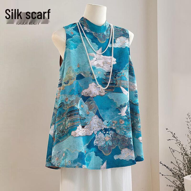 Women s Vintage Print Stand Collar Sleeveless Blouse L