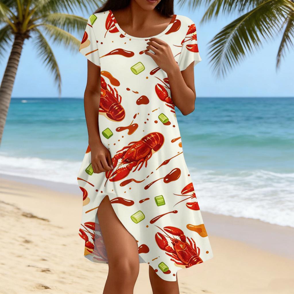 Women's Casual Short Sleeve Dress with Lobster and Beer Print Relaxed Fit Round Neck Mid-Length Summer Dress with Side Slit