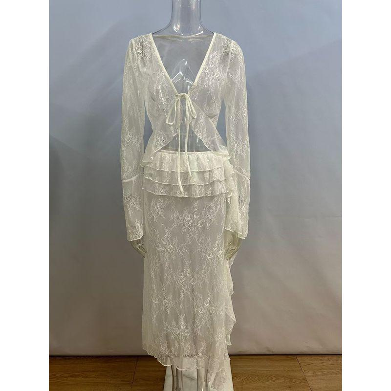 

Fashion Wind Sexy Lace Sheer Top Skirt Suit Sexy Lace Top and Skirt Set White S
