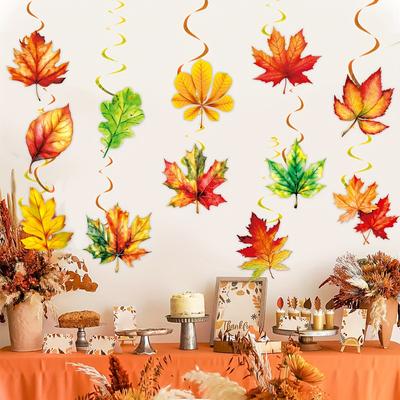 12pcs Watercolor Maple Leaf Spiral Hanging Decorations - Vibrant Fall Harvest Seasonal Decor for Indoor/Outdoor Use