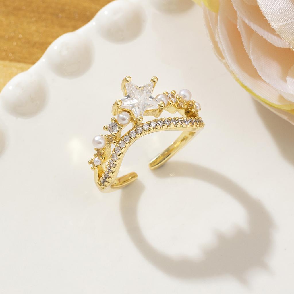 Fashion Design, Pearl Open Ring, Women's Light Luxury, Elegant and High-end Temperament, Full of Diamonds, Zircon Ring.