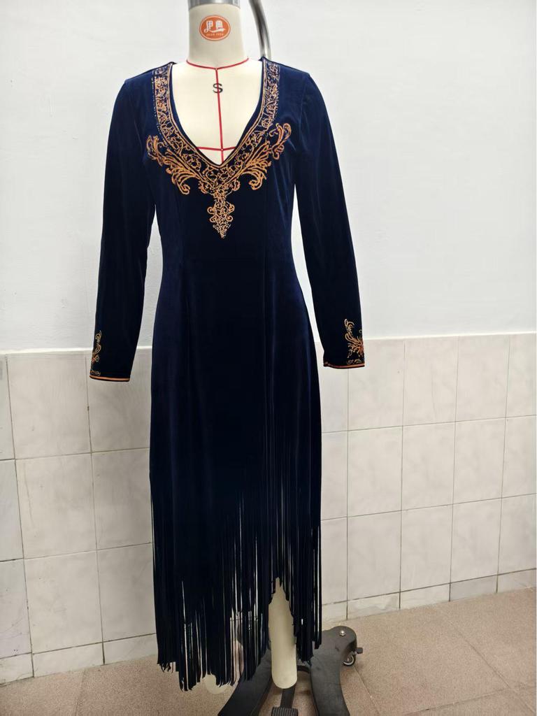 2025 Vintage Bohemian Tassel Floral V-neck Dress for Women – Spring/Autumn