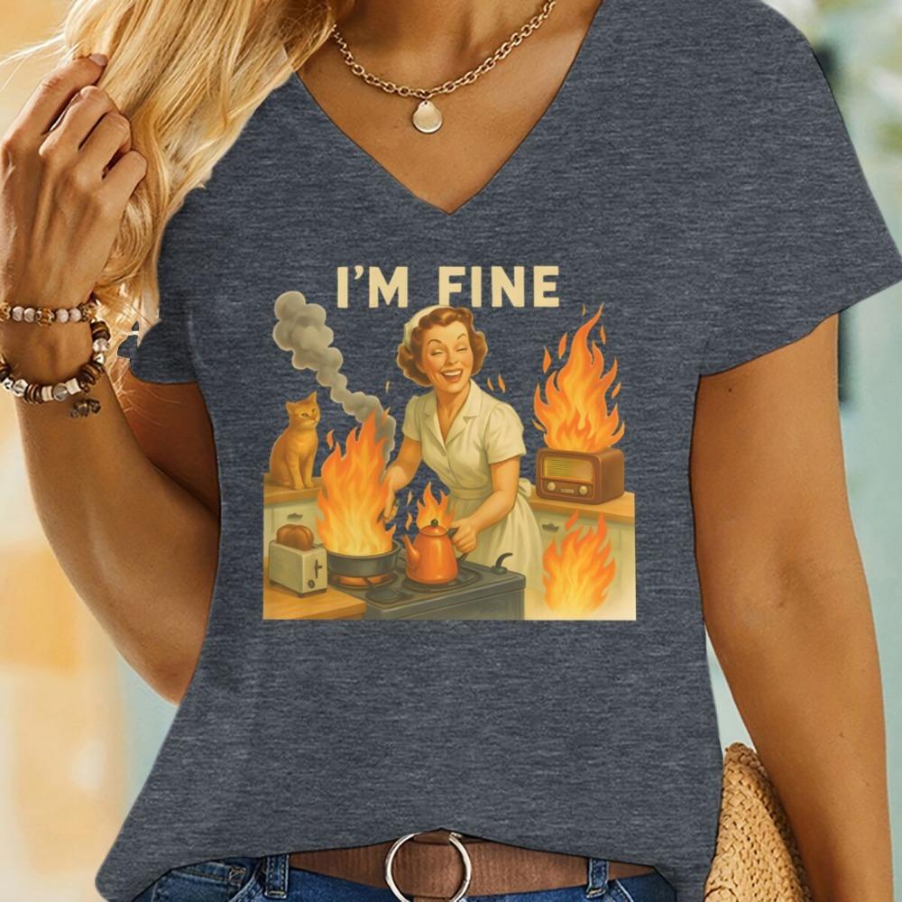 I’m Fine Retro Meme T-shirts Sarcastic Shirt for Women Funny Housewife Graphic Tee Fashion Casual Short Sleeve V-neck T-shirt