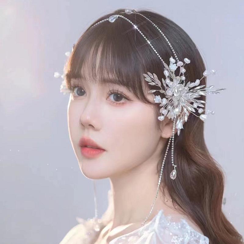 Handmade Korean Pearl Bridal Hair & Earring Set with Claw Chain and Sideburn Clips