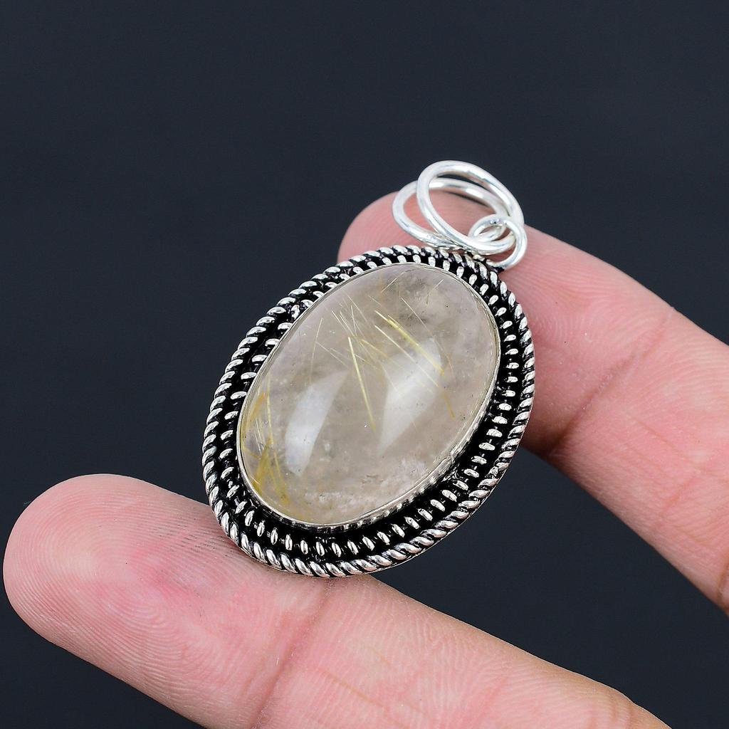 Oval Natural Golden Rutile Wife Unique Bezel Wedding Pendant Jewelry 925 Silver