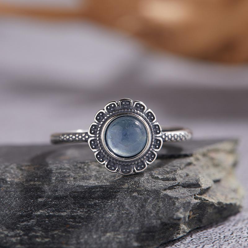 S925 Sterling Silver Natural Red And Green Agate Purple Dragon Crystal Sea Blue Treasure Color Treasure Thai Silver Ring Ethnic Style Pattern