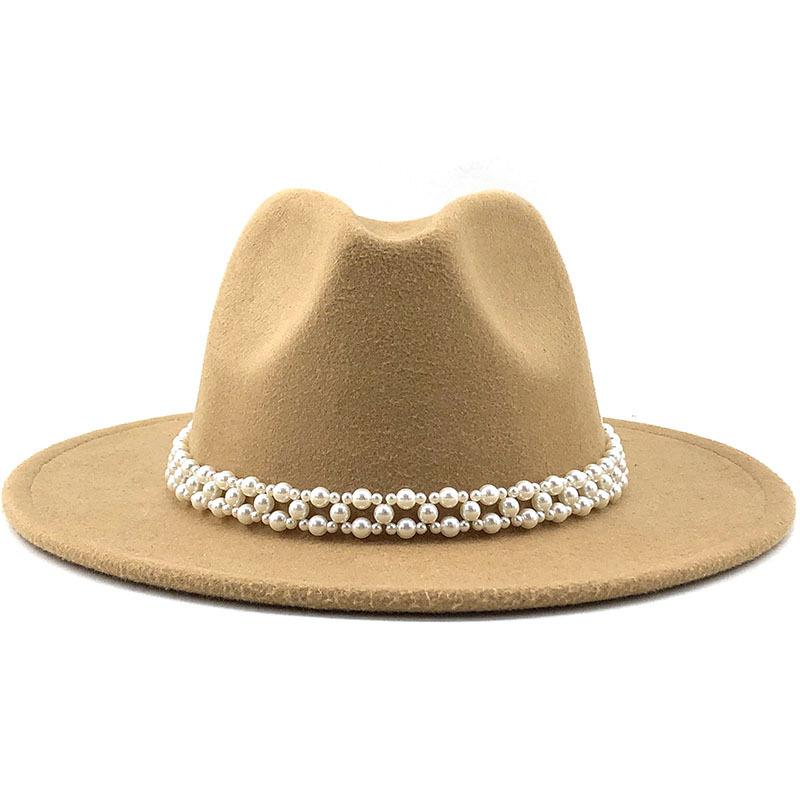 Woolen Hat Elegant Fashion Pearl Woolen Hat British Style Jazz Hat Big Brim Hat Women's Autumn and Winter Top Hat