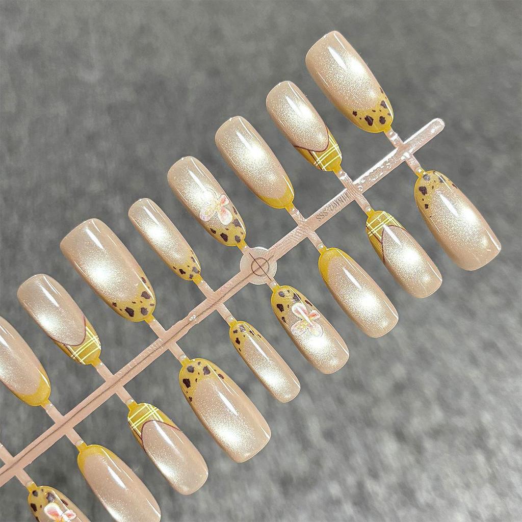 Korean Style Retro Yellow Leopard & Floral Press-On Nails - Sweet Clear Nude Fake Fingernail Stickers