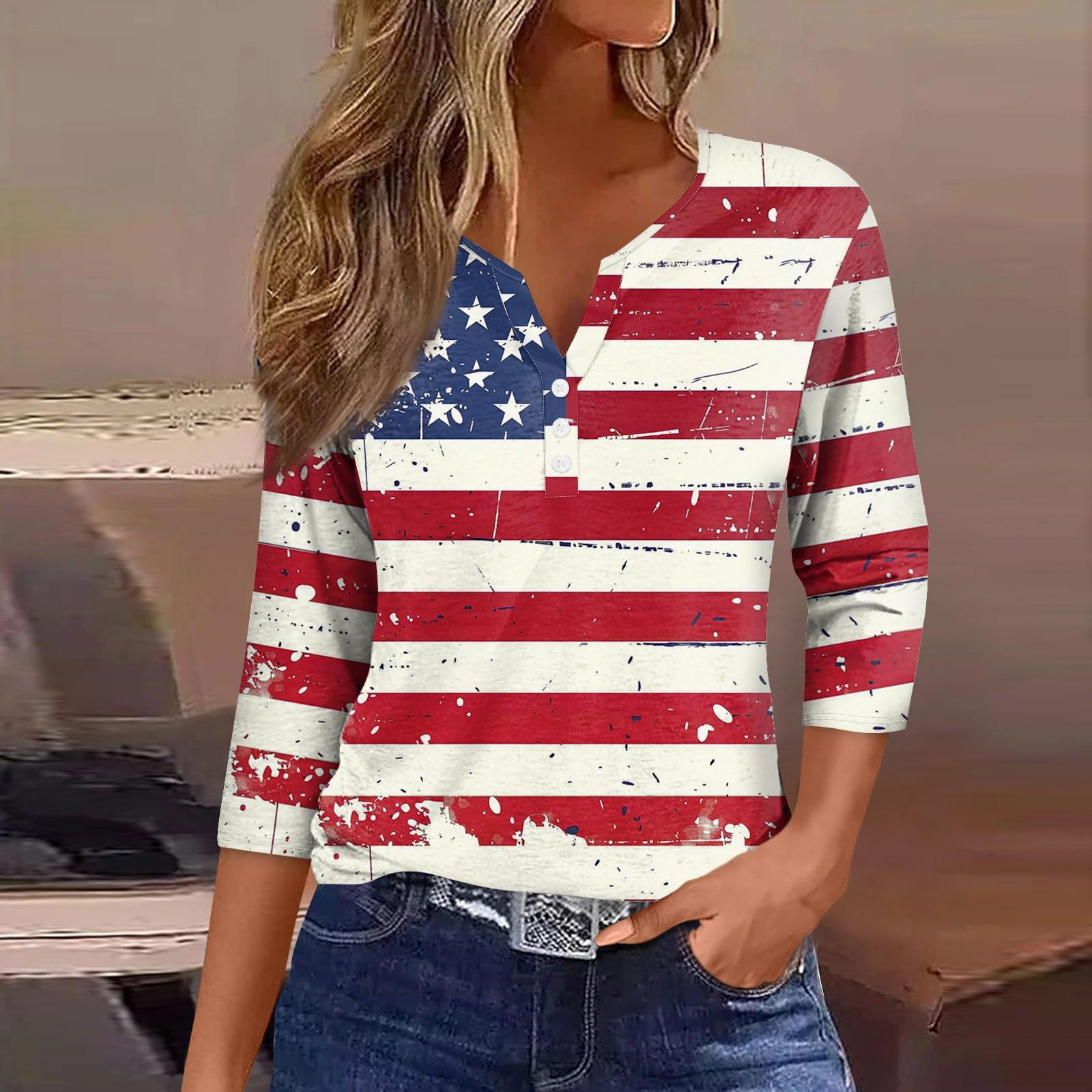

Women s Neck Independence Day Printed Striped Short Sleeve T-Shirt Top L чёрный