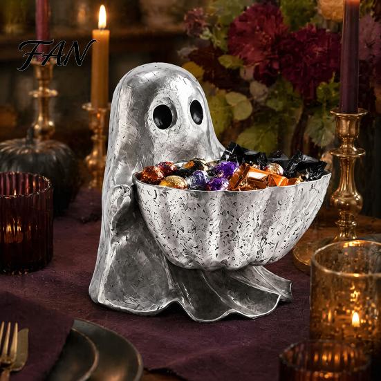 Small Item Organizer Halloween Ghost Candy Bowl, Resin Decorative Storage Dish, Silver Sculpture Gray Snack Holder, for Home Tabletop And Entryway