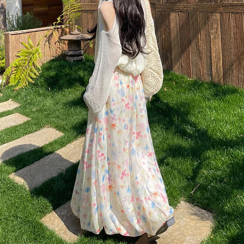 

Красочная юбка-бутон Юбка для женского лета Новая Контрастный цвет Высокая талия Юбка-облако С принтом Миди-длины Пышная Длинная юбка L разноцветный