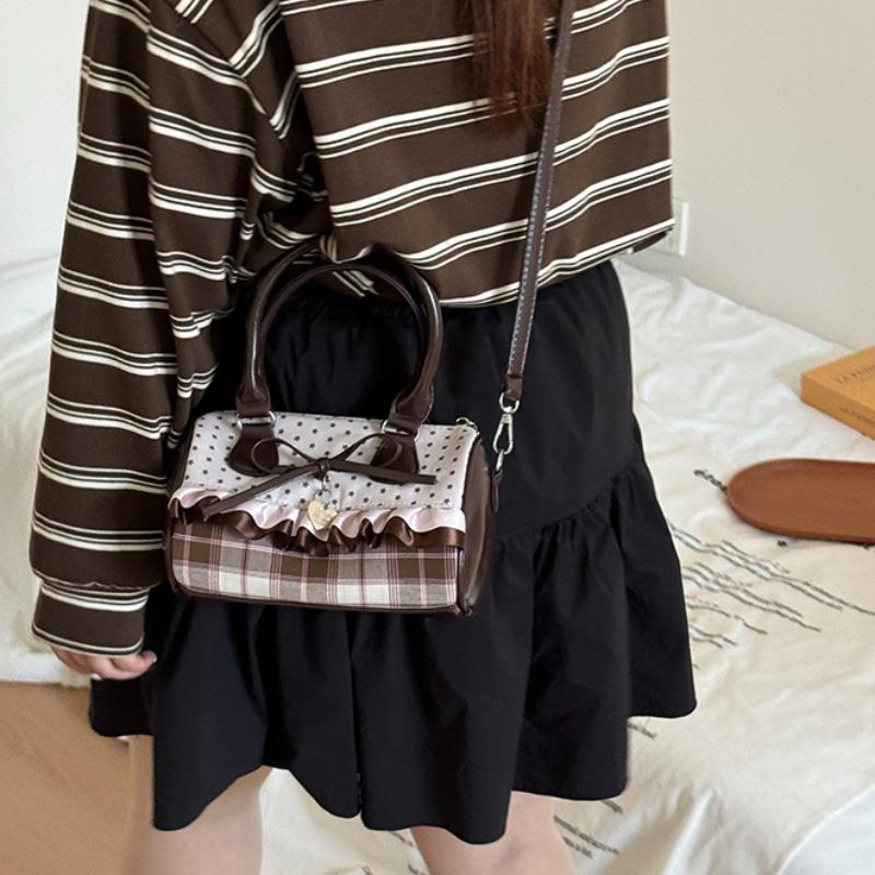Cute Polka Dot Mini Handbag Brown Bow Design Ruffle Shoulder Bag Sweet Plaid Detail Small Tote Purse Women Casual Crossbody Bag