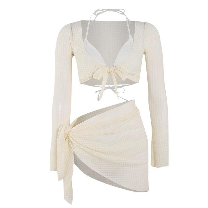 2025 Summer Bikini Set Women Sexy Swimsuit Chic Solid Four-Piece Halter Lace Up Female Swimwear New Fashion Korean Bathing Beachwear