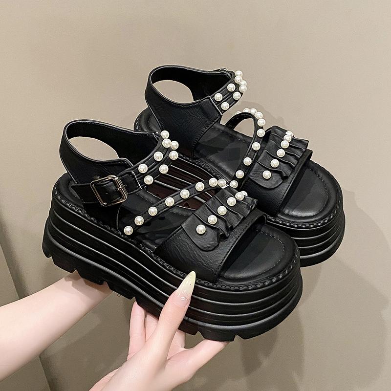 Fashion Women Sandals Summer Open Toe Buckle High Heels Shoes Black Punk Gothic Platform Sandals Sexy Rivets Thick Heels Shoes for Women