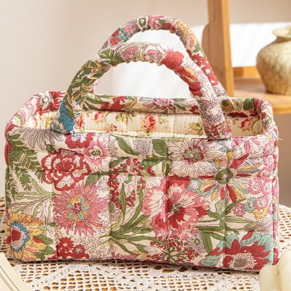 Floral Pattern Bento Handbags Patchwork Design Foldable Shopper Bag Portable Cotton Material Cosmetic Bag Home Textile Storage
