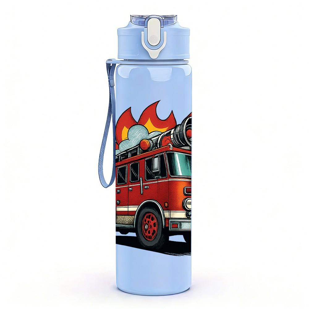 1PC Fire Truck Flame Silhouette 750ml Color Plastic Sports Water Bottle Leakproof Flip Straw Lid Suitable for Sports Office Home Use