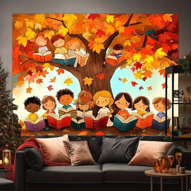 Funny Autumn Maple Cartoon Children Reading Healing Tapestry Wall Hanging Home Decor for Bedroom Living Room Dorm