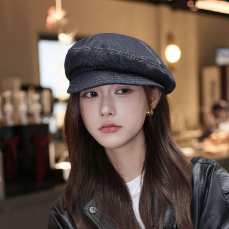 25 Early autumn new stitching dark denim newsboy hat children's high-quality face small soft brim newsboy hat tide