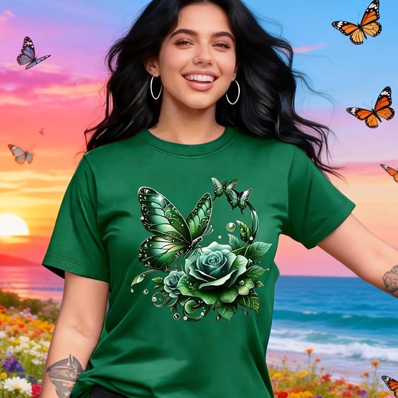 

Women s bright orange T-shirt, purple rose and butterfly print - short sleeved round neck casual top S